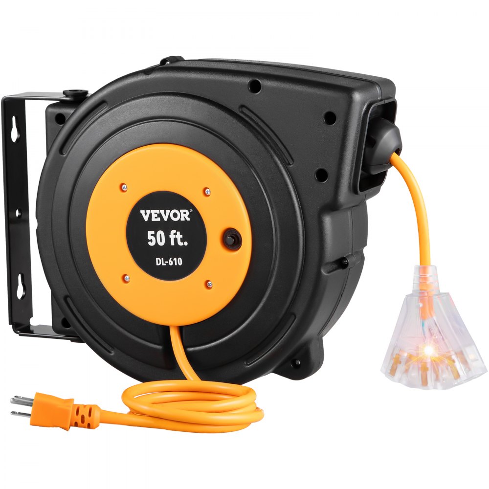 VEVOR Retractable Extension Reel, 50 FT Heavy Duty 14AWG/3C SJTOW Power Cord with Lighted Triple Tap Outlet, 13 Amp Circuit Breaker, 180° Swivel Bracket for Ceiling or Wall Mount, UL